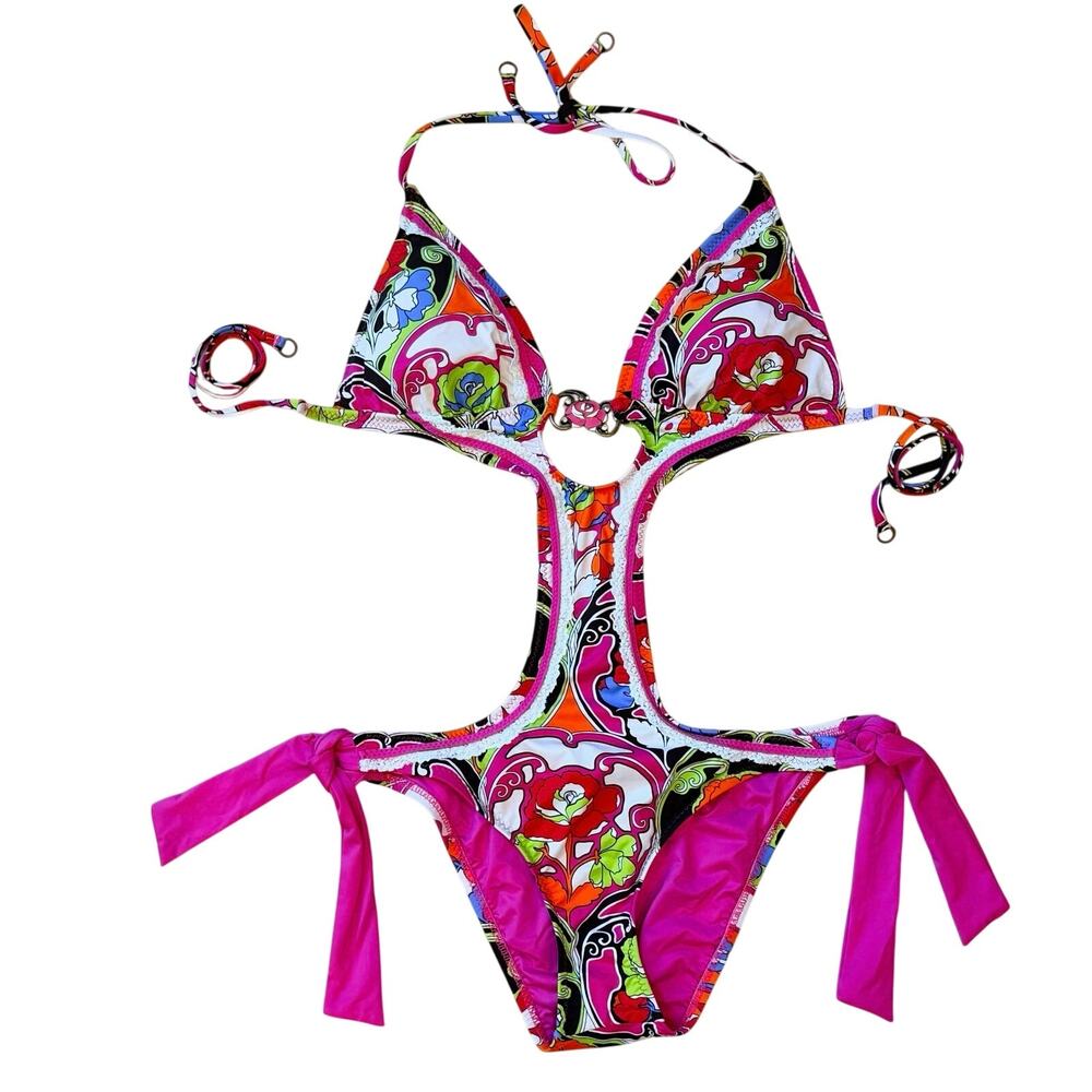 Vintage Betsey Johnson Y2K Pink Lace Floral Halter One‑Piece Swimsuit Size Large